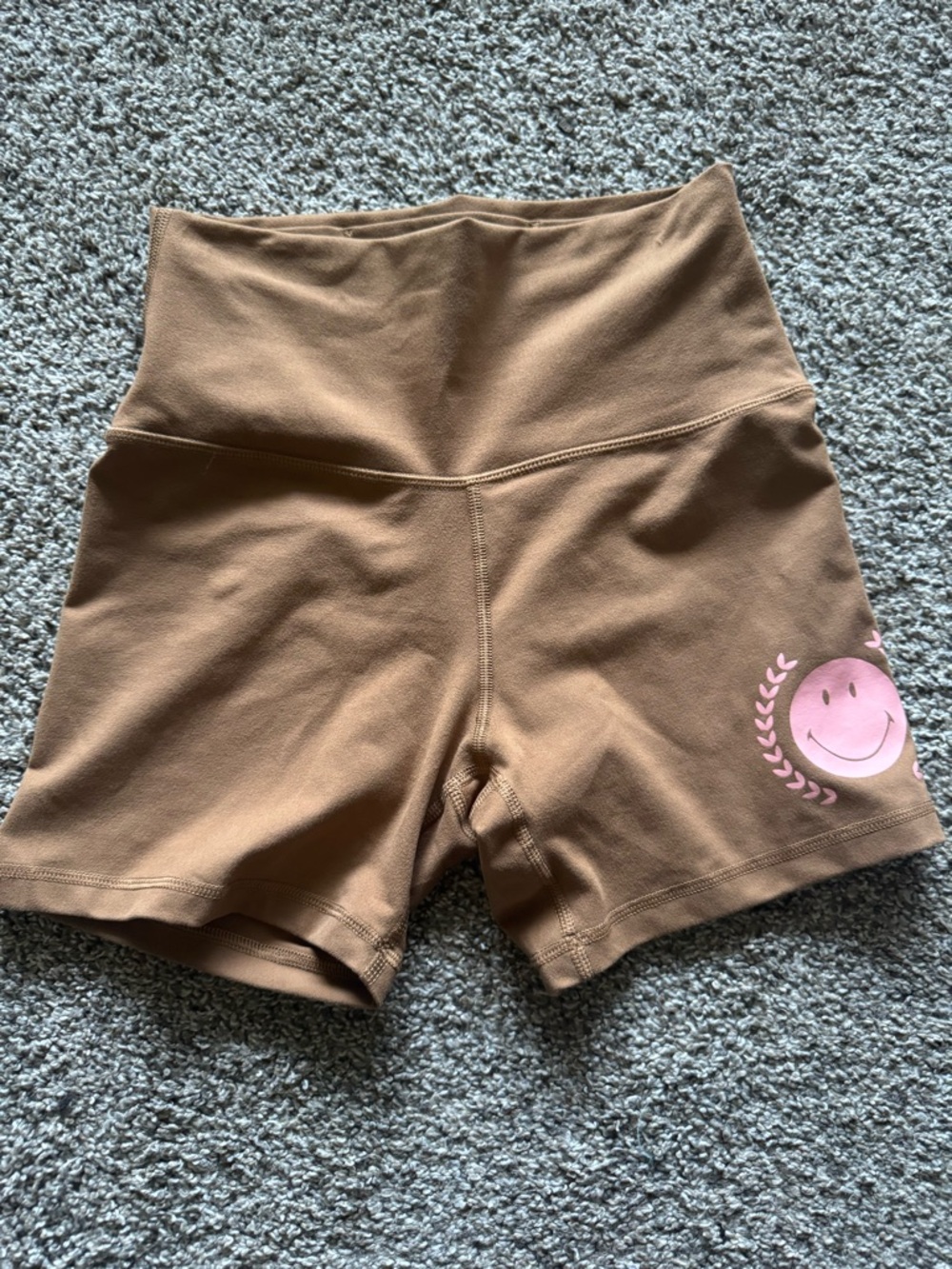 aerie Brown High-Waist Bike Shorts with Pink Smile Graphic